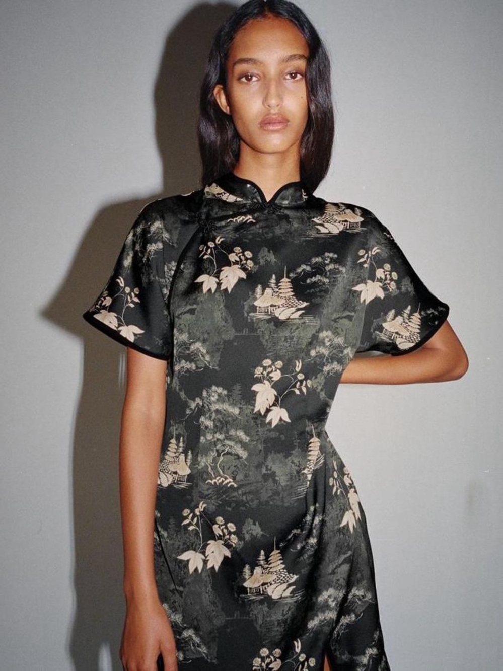 Zara Black Satin Floral Cheongsam-Inspired Top
